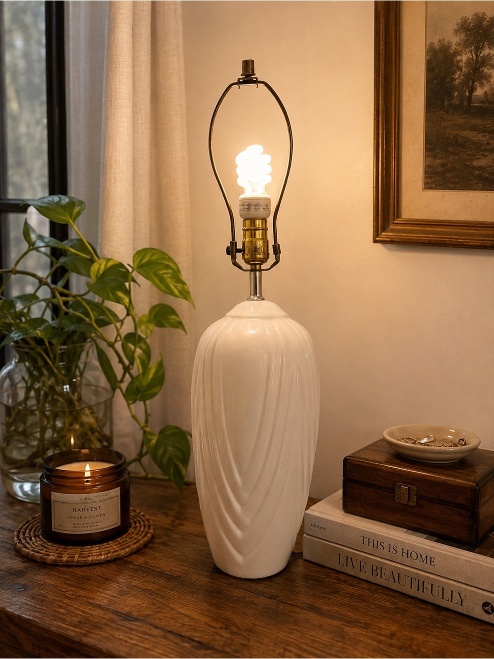 Vintage 1980s Postmodern White Ceramic Table Lamp Base Swirl Draped Design